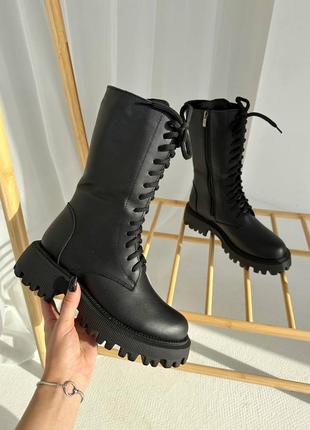 Натуральні шкіряні зимові чорні високі черевики - чоботи - берці на шнурівці