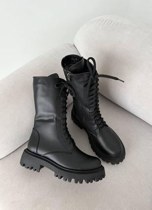 Натуральні шкіряні зимові чорні високі черевики - чоботи - берці на шнурівці