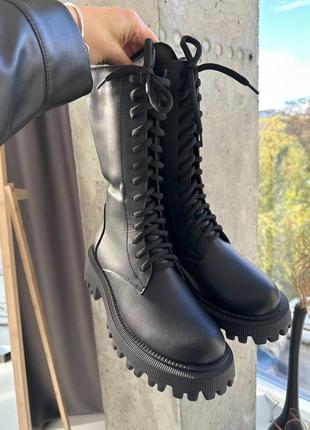 Натуральні шкіряні зимові чорні високі черевики - чоботи - берці на шнурівці