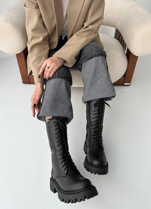 Натуральні шкіряні зимові чорні високі черевики - чоботи - берці на шнурівці