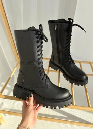 Натуральні шкіряні зимові чорні високі черевики - чоботи - берці на шнурівці