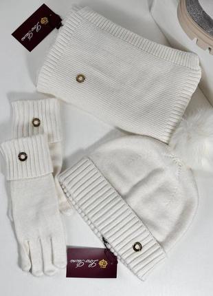 Набор шапка шарф перчатки белый шерсть брендовый в стиле loro piana