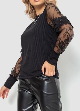 Шикарна чорна блузка з прозорими рукавами трикотажна блузка з сіткою демісезонна блузка з довгими рукавами із сітки блузка в рубчик блузка з мереживом1 фото