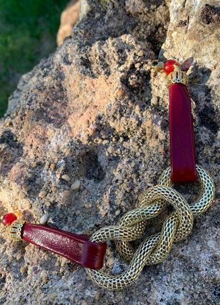 Кожаный красный браслет с кварцем ′узелки′2 фото