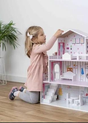 Большой игрушечный деревянный кукольный дом freeon розовый