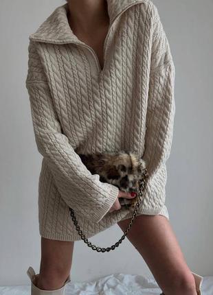 Теплое вязаное туника свитер платье с воротничком на замочке свободного кроя акриловое5 фото
