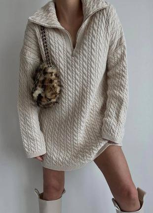 Теплое вязаное туника свитер платье с воротничком на замочке свободного кроя акриловое10 фото