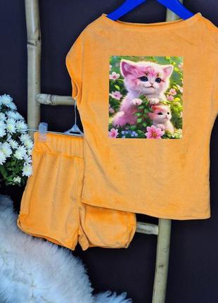 Пижама котики, велюр (футболка + шорты)