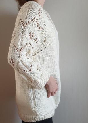 Объемный свитер с ажурной вязкой цвета айвори4 фото