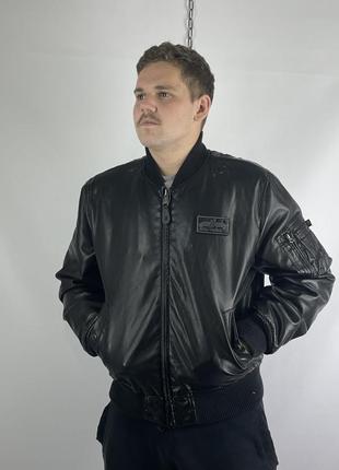Бомбер куртка кожаный alpha industries черный