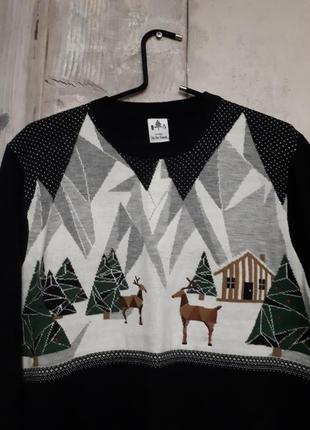 Новогодний зимний свитер джемпер черный с зимним принтом большого размера xl