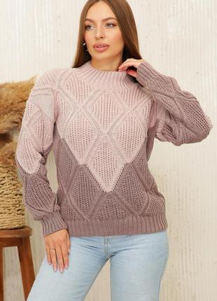 Женский теплый вязанный свитер двухцветный размер 44-52 розовый2 фото