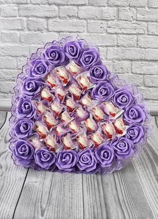 Букет из конфет rafaello, большой конфетный букет в форме сердца, букет с розами, подарочный букет из конфет