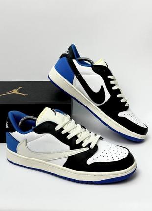 Кроссовки jordan 1 low fragment design travis scott (white & black & blue)