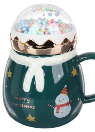 Чашка керамическая новогодняя с крышкой "снеговик" 400мл