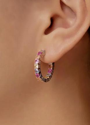 Срібні s925 сережки кільця з різнокольоровим камінням, сережки круглі з рожевим в блакитним камінням, сережки романтичні барбі подарунок дівчині2 фото