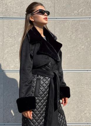 Зимнее классическое черное комбинированное женское пальто с мехом2 фото