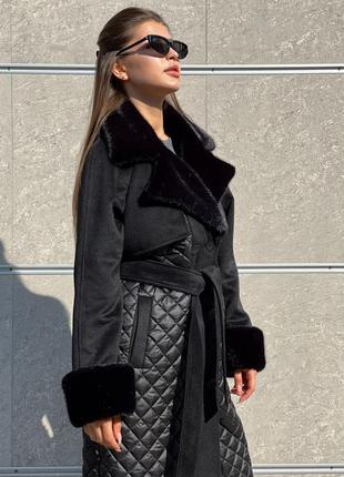 Зимнее классическое черное комбинированное женское пальто с мехом4 фото