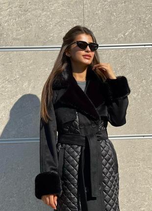 Зимнее классическое черное комбинированное женское пальто с мехом3 фото