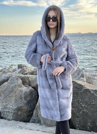 Роскошная норочная шуба голубой 100 см