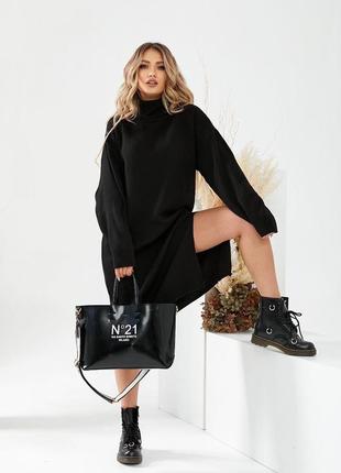 Платье миди в стиле оверсайз силует свободный воротник под горло с подворотом рукав прямой юбка с разрезом ткань фабричная вязка производство турция