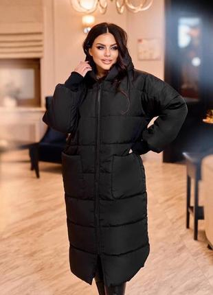 Женская зимняя длинная стеганая теплая куртка пальто с капюшоном осень - зима на синтепоне 250 большие размеры8 фото