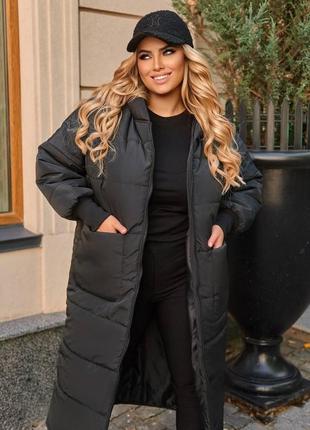 Женская зимняя длинная стеганая теплая куртка пальто с капюшоном осень - зима на синтепоне 250 большие размеры7 фото