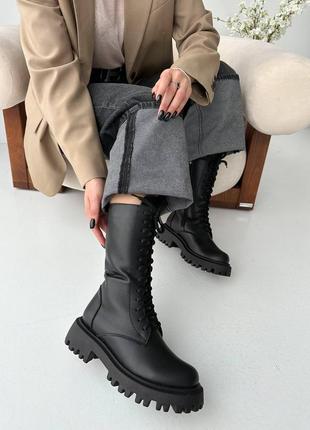 Стильные черные зимние женские ботинки берцы на массивной толстой подошве, кожаные,натуральная кожа зима4 фото
