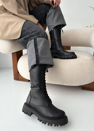 Стильные черные зимние женские ботинки берцы на массивной толстой подошве, кожаные,натуральная кожа зима9 фото