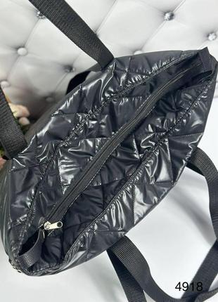 Велика жіноча сумка шопер тканинна плащовка стьобана чорна6 фото