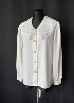 Винтаж белая кремовая блузка с большим воротником «вышивка на фатине»