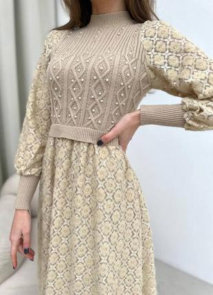 Женское элегантное комбиновое платье миди, кружево с поясом из жемчужин xs, s, m2 фото