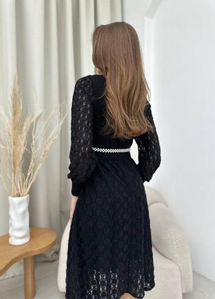 Женское элегантное комбиновое черное платье миди, кружево с поясом из жемчужин xs, s, m5 фото