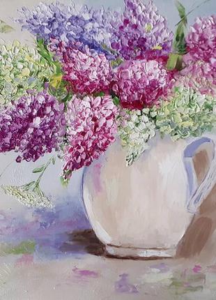 Картина з квітами на полотні олійними фарбами, бузок у вазі 30х40 см1 фото