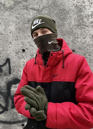 Набір. шапка чоловіча nike хакі, з підворотом + бафф найк хакі + рукавички флісові хакі