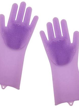 Силиконовые перчатки magic silicone gloves для уборки чистки мытья посуды для дома. цвет: фиолетовый1 фото