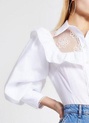 Белая романтичная блузка воланы кружево пышный рукав невысокий рост