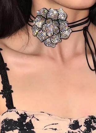 Тренд цветок чокер на шнурках цветочка черная с камнями блестящий колье пояс
