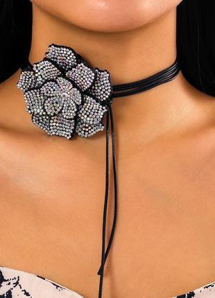 Тренд цветок чокер на шнурках цветочка черная с камнями блестящий колье пояс
