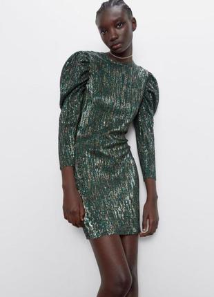 Нарядное короткое платье в пайетках пайетки зелёное zara8 фото