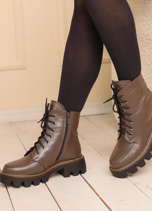 Стильные коричневые классические женские зимние ботинки на массивной подошве, кожаные/натуральная кожа мех3 фото
