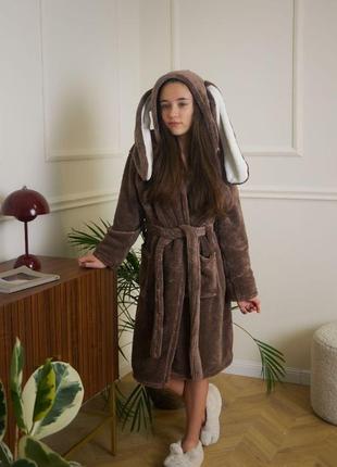 Теплий махровий халат для дівчинки зайчик з вушками від 6 до 16 років4 фото