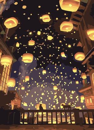 Картина за номерами ліхтарики в нічному небі з лаком та рівнем, в термопакеті 40х50см, тм стратег, україна