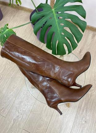 Ексклюзивні чоботи  труби шкіряні коричневі на підборах шпилька 6см демусезоні зимові