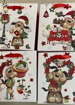 Пакет новорічний паперовий m "christmas puppy" 26*32*10см, ціна за уп. 12шт (720шт)