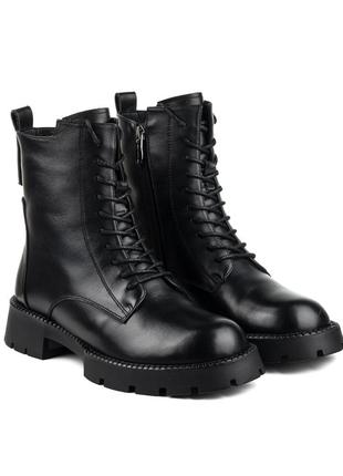 Ботинки женские кожаные черные зимние на тракторной подошве,и толстом каблуке с шнуровко 1740ц