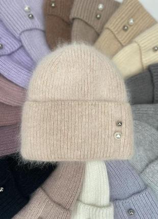 Теплая зимняя женская шапка в рубчик с отворотом утепленная на флисе ангора супер качество ангоровая