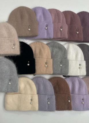 Теплая зимняя женская шапка в рубчик с отворотом на флисе ангора супер качество ангоровая3 фото