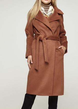 Теплое пальто на запах кашемир шерсть коричневый бежевый с поясом2 фото