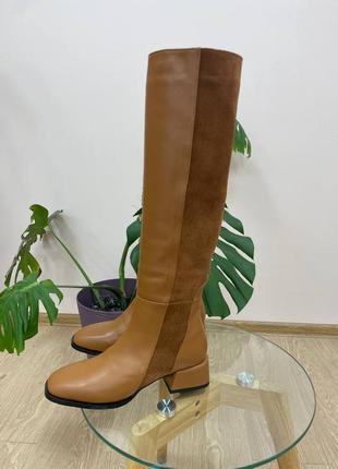 Сапоги кожаные замшевые коричневые рыжие с квадратным носком на низких каблуках 3см демисезоне зимние